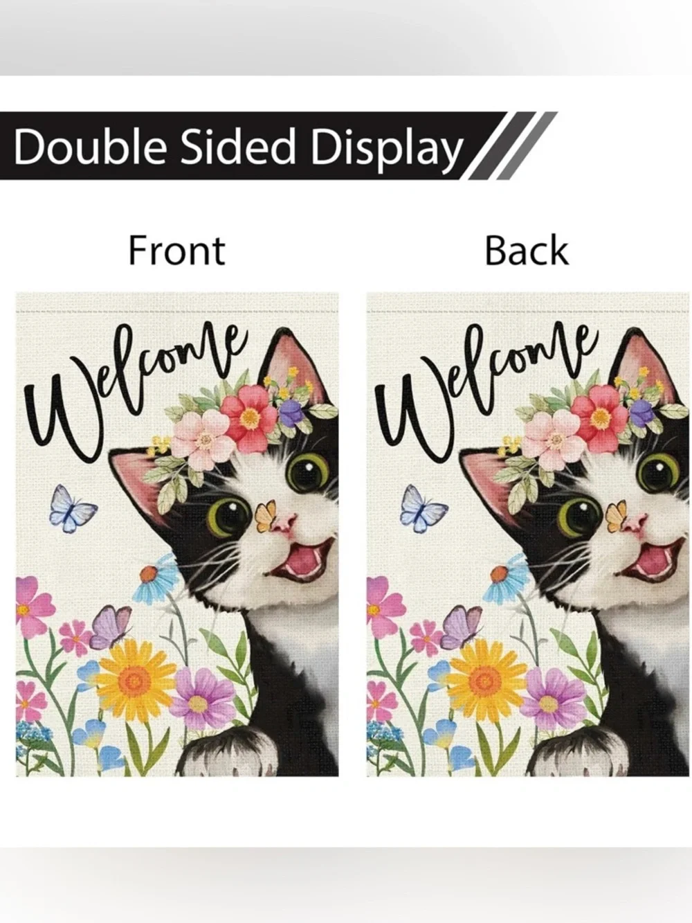 Heyfibro Burlap Welcome Garden Flag 28x40” Cat Flowers Butterflies Spring Summer - Picture 4 of 5